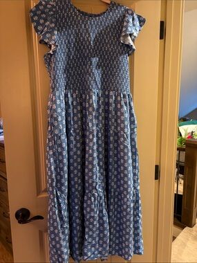 LuLaRoe Blue Floral Ruffle-Sleeve Maxi Dress Size Large
